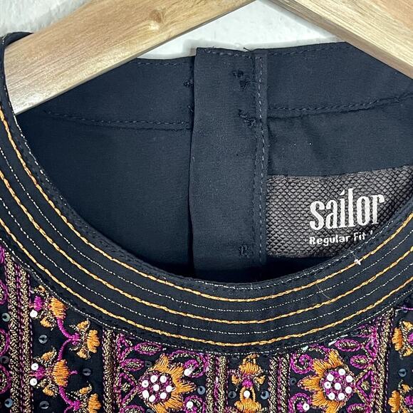 SAILOR  BLACK  EMBROIDERED BOHEMIAN BABYDOLL BELL SLEEVE MINI DRESS SIZE M‎ - Picture 10 of 13